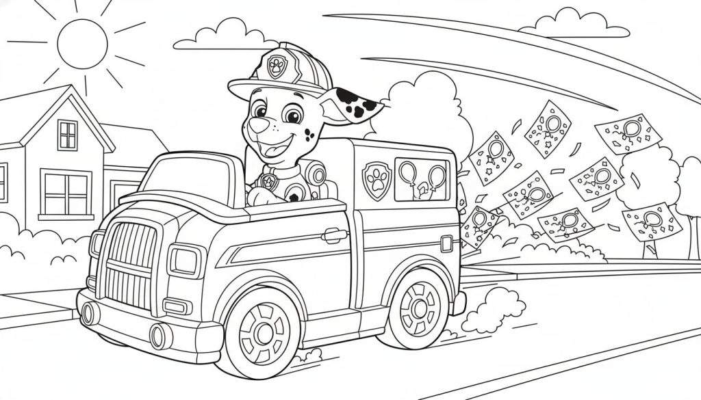 Zwart-wit kleurplaat van Marshall van Paw Patrol, lachend in zijn brandweerwagen. Feestuitnodigingen met ballonnen vliegen uit de achterkant. Zon, huis, bomen en wolken op de achtergrond.