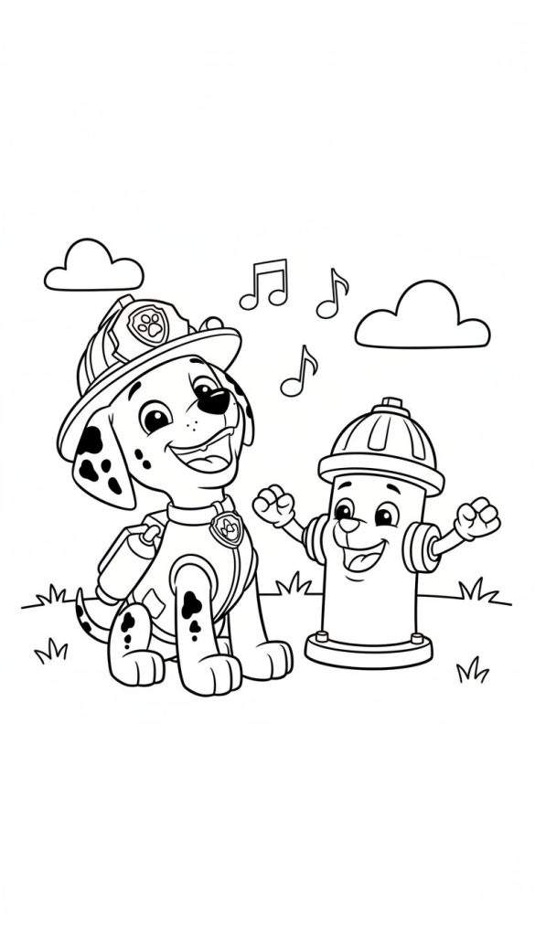 Kleurplaat van Marshall, de brandweerman dalmatiër van Paw Patrol, met brandweerhelm en rugzak, lachend naast een vrolijke brandkraan met armen. Boven hen zweven muzieknoten en wolken, met gras onderaan.