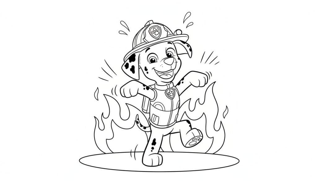 Zwart-wit kleurplaat van Marshall van Paw Patrol in brandweeruniform, dansend of blussend in een cirkel van vlammen met waterspetters en een vrolijke lach.