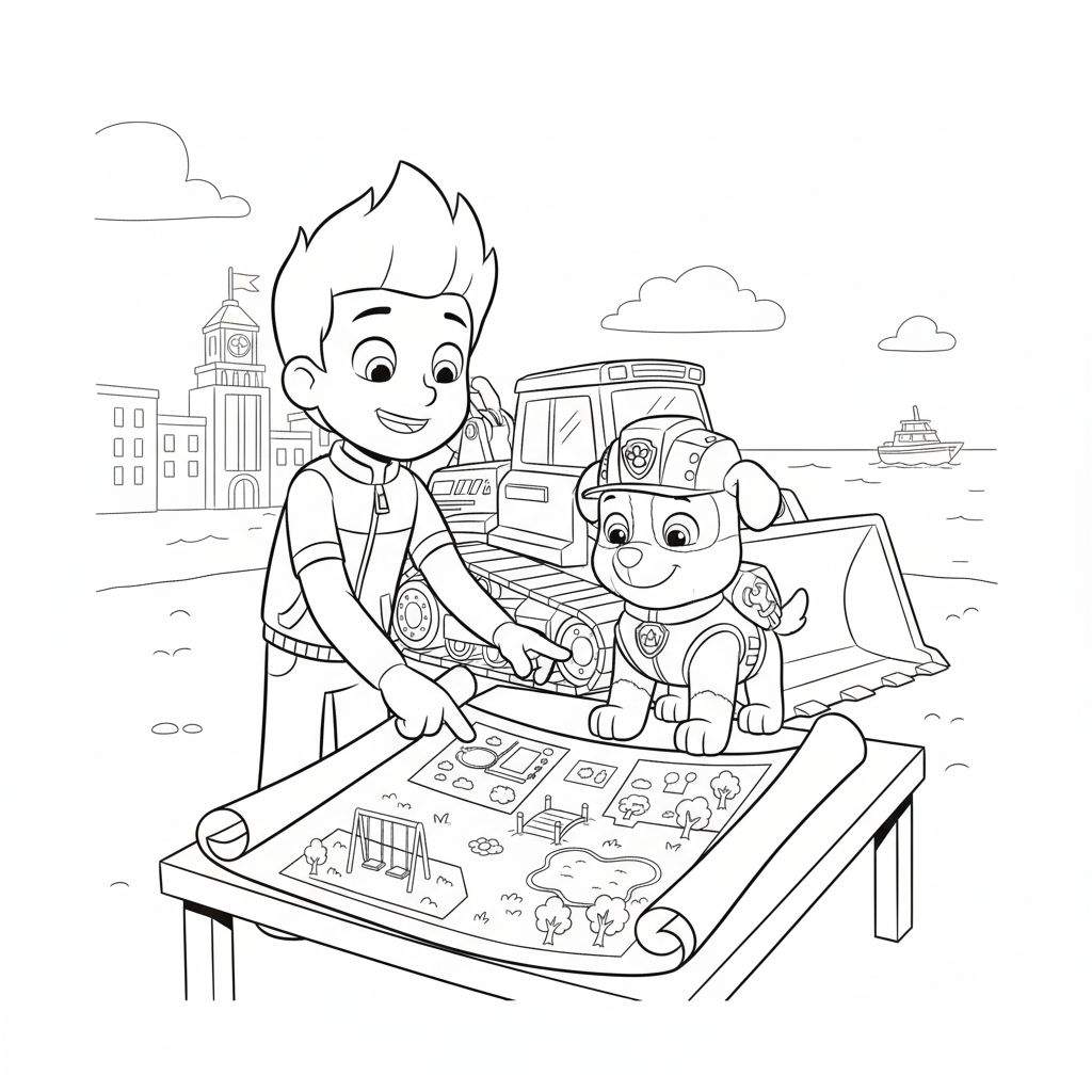 Zwart-wit kleurplaat van Ryder en Rubble, met Rubble in bouwhelm, die samen een gedetailleerde bouwplattegrond van een park bekijken. Op de achtergrond is een grote bulldozer, stadse gebouwen met een klokkentoren, en water met een boot te zien.