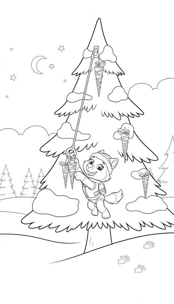 Kleurplaat van Everest, de Paw Patrol wolfspup, hangend in een besneeuwde kerstboom met wortelcadeautjes onder een nachtelijke sterrenhemel. Pootafdrukken in de sneeuw op de voorgrond.