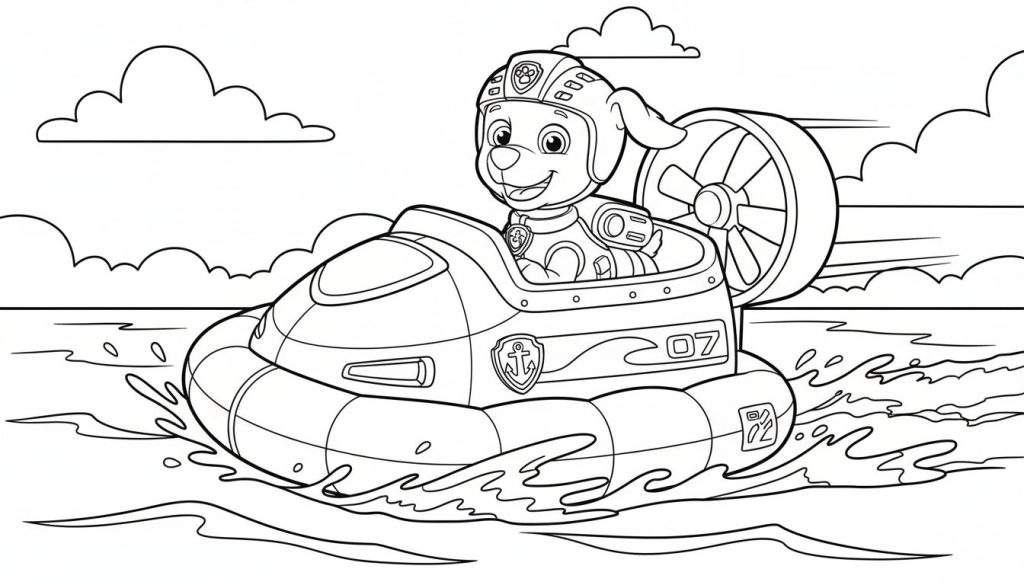 Kleurplaat van Zuma van Paw Patrol in een snelle hovercraft met nummer 07, varend over het water met golven en spetters.