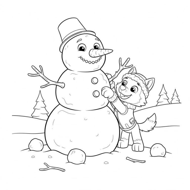 Zwart-wit kleurplaat van Everest de husky (Paw Patrol) met wintermuts en vestje die de knoopjes van een sneeuwpop aanpast, omringd door sneeuw en dennenbomen.