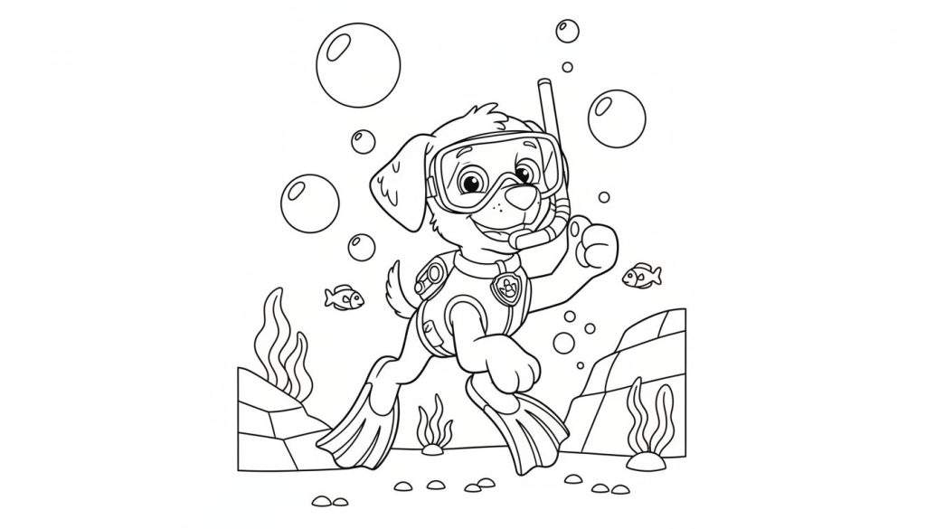 Zwart-wit kleurplaat van een vrolijke hond (lijkt op Zuma van Paw Patrol) onder water, met duikbril, snorkel en zwemvliezen. De hond lacht en zwaait, omringd door luchtbellen, twee vissen, rotsen en zeewier op de zeebodem.