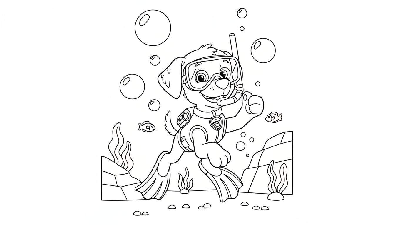 Zwart-wit kleurplaat van een vrolijke hond (lijkt op Zuma van Paw Patrol) onder water, met duikbril, snorkel en zwemvliezen. De hond lacht en zwaait, omringd door luchtbellen, twee vissen, rotsen en zeewier op de zeebodem.