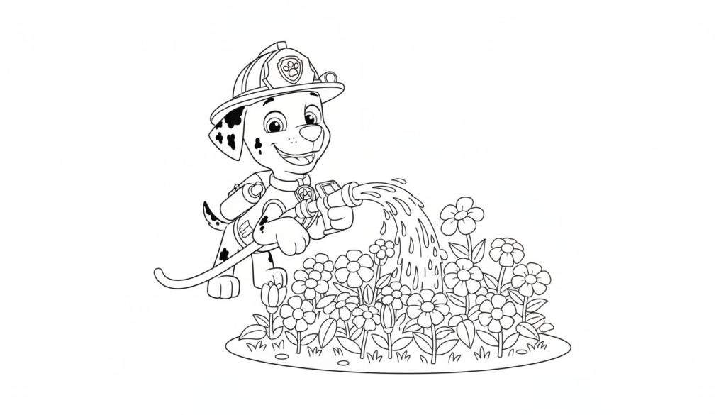 Kleurplaat van Marshall de dalmatiër van Paw Patrol, met brandweerhelm, die bloemen water geeft met een tuinslang.