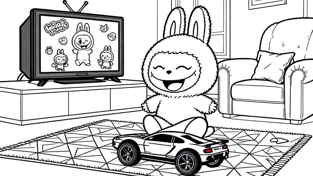 Kleurplaat van een Labubu-achtig konijn dat lachend naar een tekenfilm kijkt op een ouderwetse televisie, met een speelgoedauto op de grond in een gezellige binnenruimte.