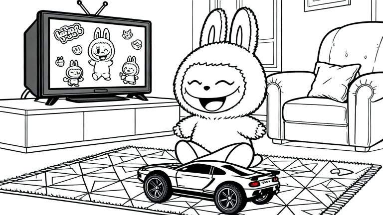 Kleurplaat van een Labubu-achtig konijn dat lachend naar een tekenfilm kijkt op een ouderwetse televisie, met een speelgoedauto op de grond in een gezellige binnenruimte.