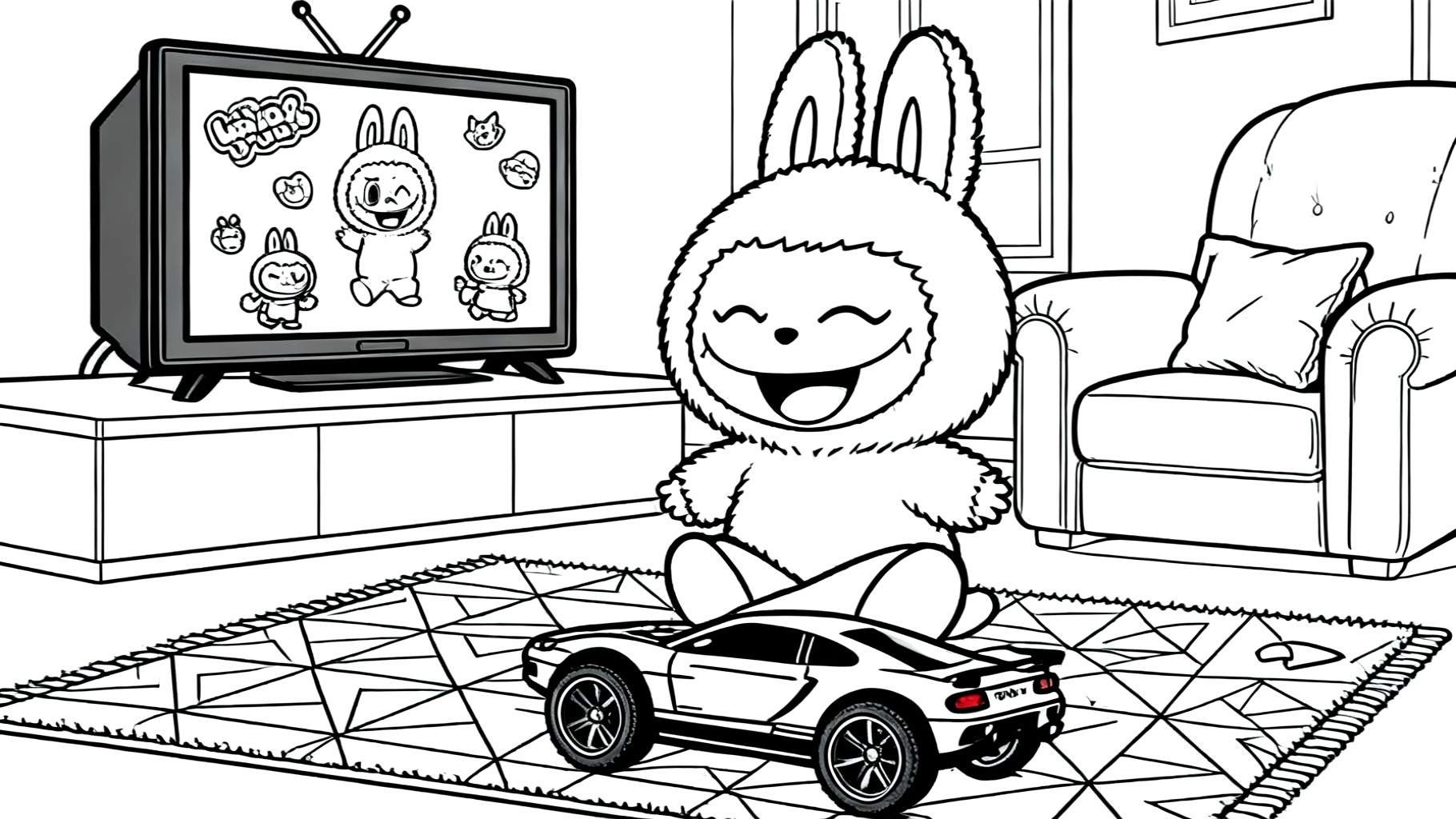 Kleurplaat van een Labubu-achtig konijn dat lachend naar een tekenfilm kijkt op een ouderwetse televisie, met een speelgoedauto op de grond in een gezellige binnenruimte.