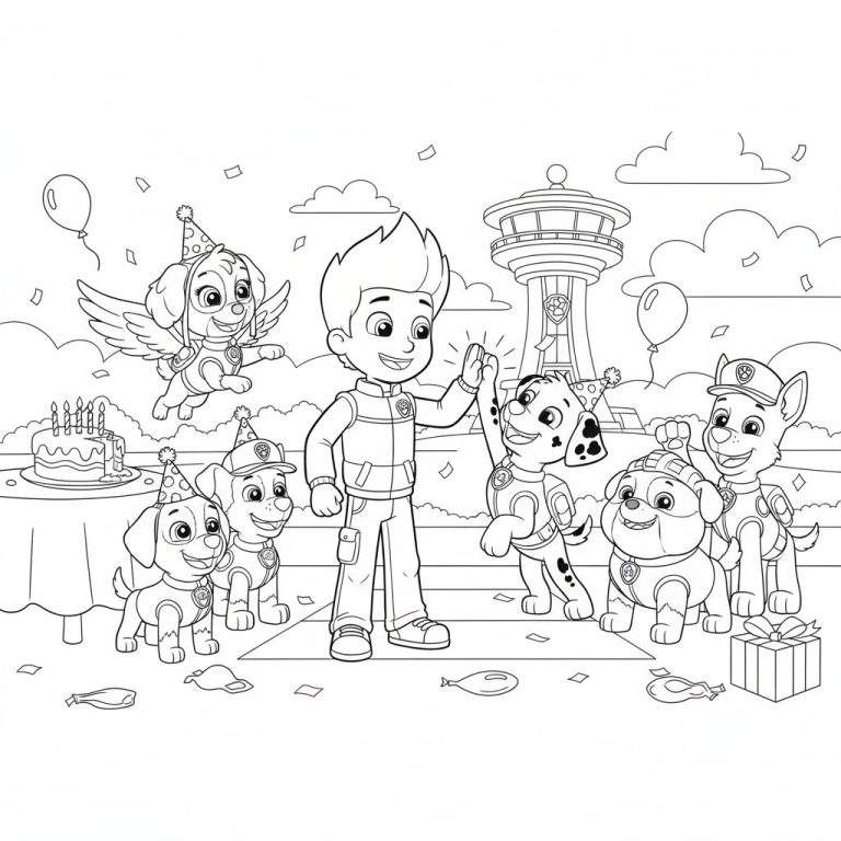 Paw Patrol feest kleurplaat met Ryder, Marshall, Skye, Rubble, Chase, Zuma en Rocky die een feestje vieren met taart, ballonnen, confetti en de Paw Patrol uitkijktoren op de achtergrond.