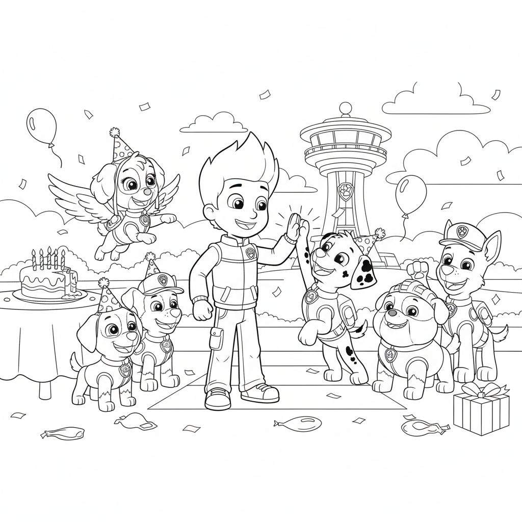Paw Patrol feest kleurplaat met Ryder, Marshall, Skye, Rubble, Chase, Zuma en Rocky die een feestje vieren met taart, ballonnen, confetti en de Paw Patrol uitkijktoren op de achtergrond.