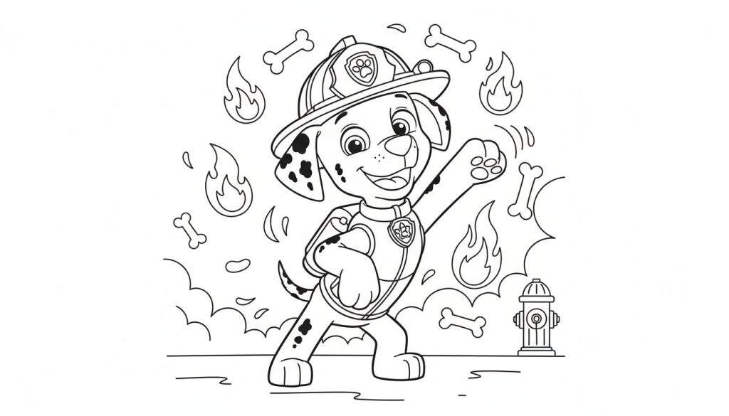 Kleurplaat van Marshall van Paw Patrol als vrolijke brandweerhond, met helm en pak, lachend met één opgeheven voorpoot. Rondom hem zweven vlammen en botjes, en rechtsonder staat een brandkraan.