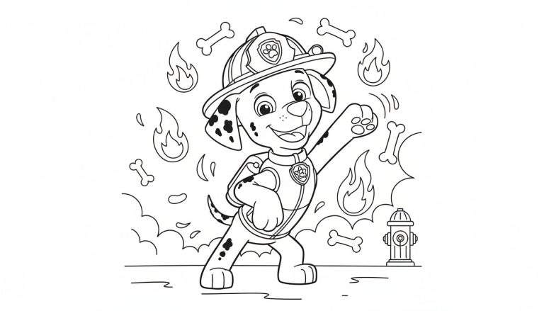 Kleurplaat van Marshall van Paw Patrol als vrolijke brandweerhond, met helm en pak, lachend met één opgeheven voorpoot. Rondom hem zweven vlammen en botjes, en rechtsonder staat een brandkraan.