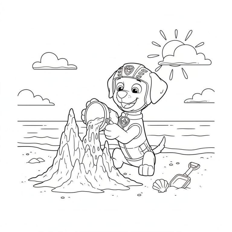 Zwart-wit kleurplaat van Zuma van Paw Patrol die een zandkasteel bouwt op het strand, met zon, zee en wolken.