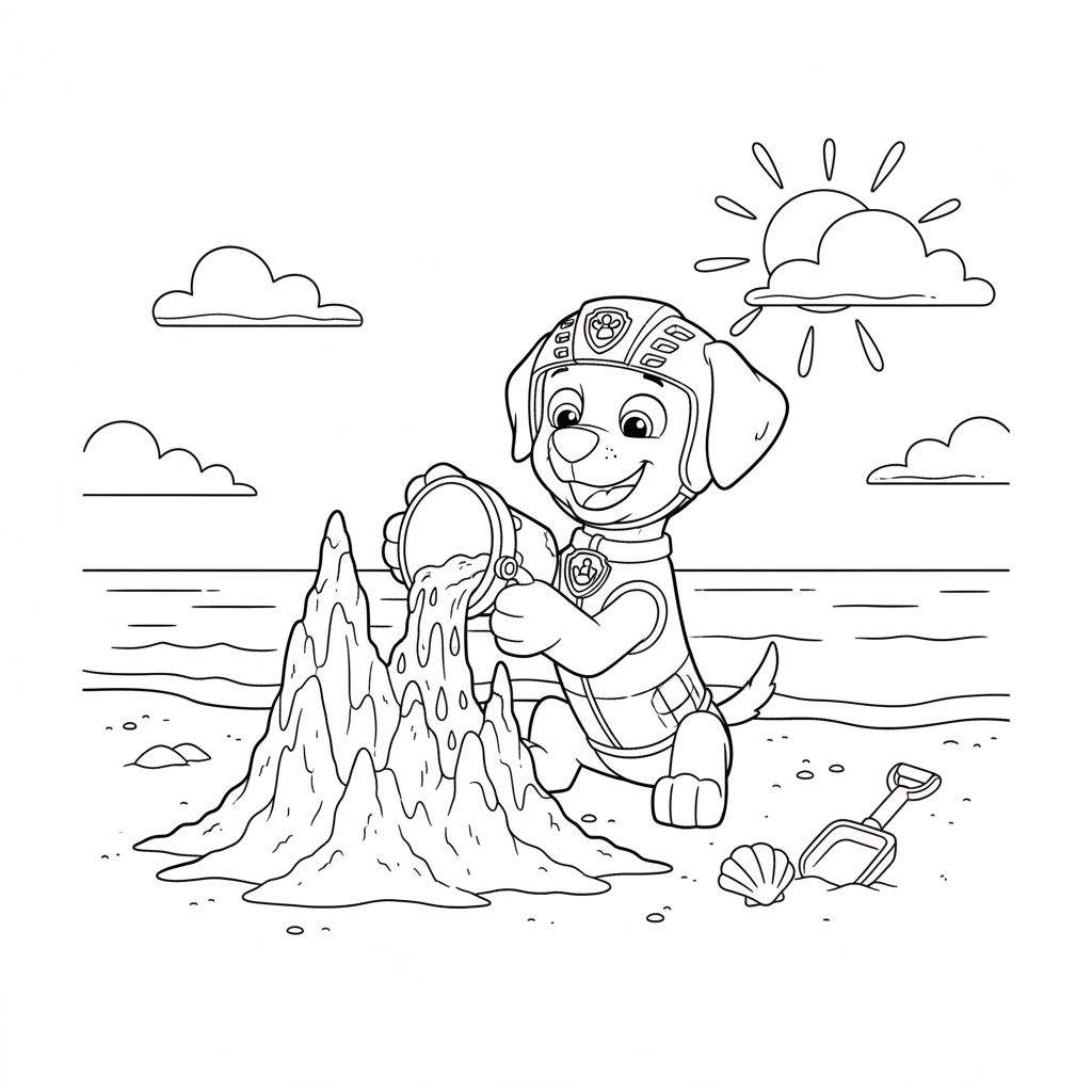 Zwart-wit kleurplaat van Zuma van Paw Patrol die een zandkasteel bouwt op het strand, met zon, zee en wolken.