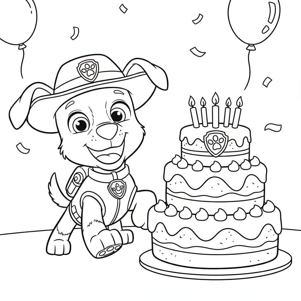 Kleurplaat van Paw Patrol puppy Tracker die lachend poseert met een drielaagse verjaardagstaart met zes brandende kaarsjes en ballonnen op de achtergrond.