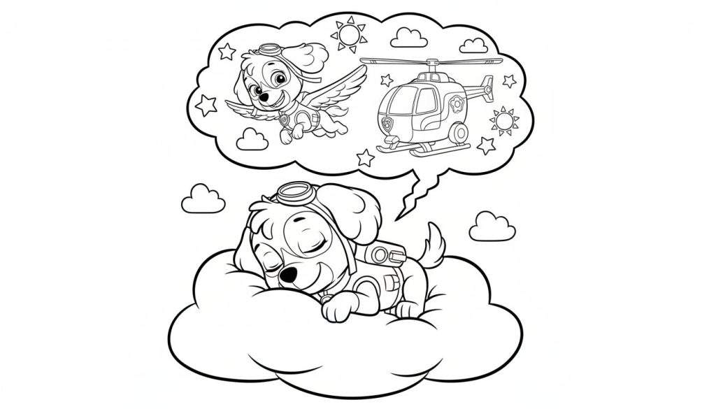 Zwart-wit kleurplaat van Skye (Paw Patrol) slapend op een wolk met vliegbril, dromend over vliegen met vleugels en een helikopter tussen sterren en een zon.