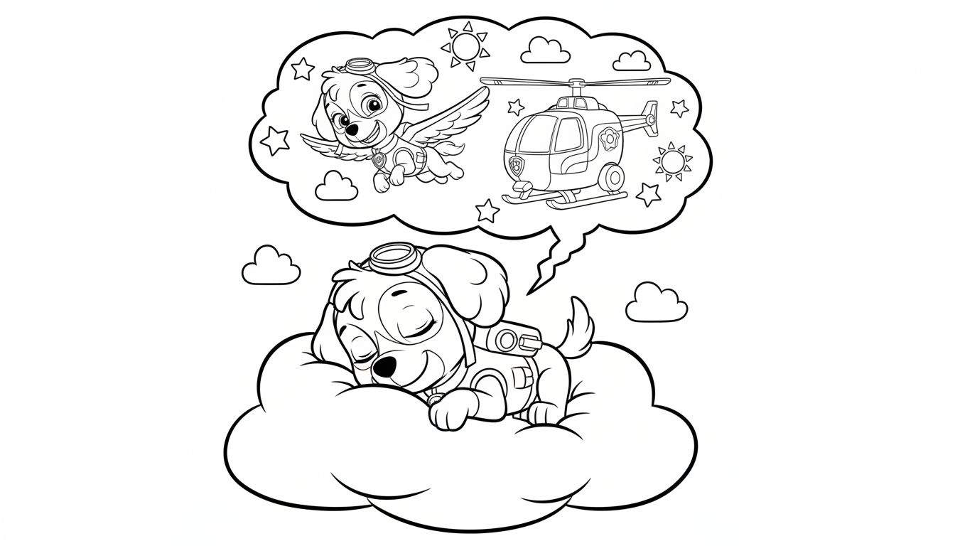 Zwart-wit kleurplaat van Skye (Paw Patrol) slapend op een wolk met vliegbril, dromend over vliegen met vleugels en een helikopter tussen sterren en een zon.
