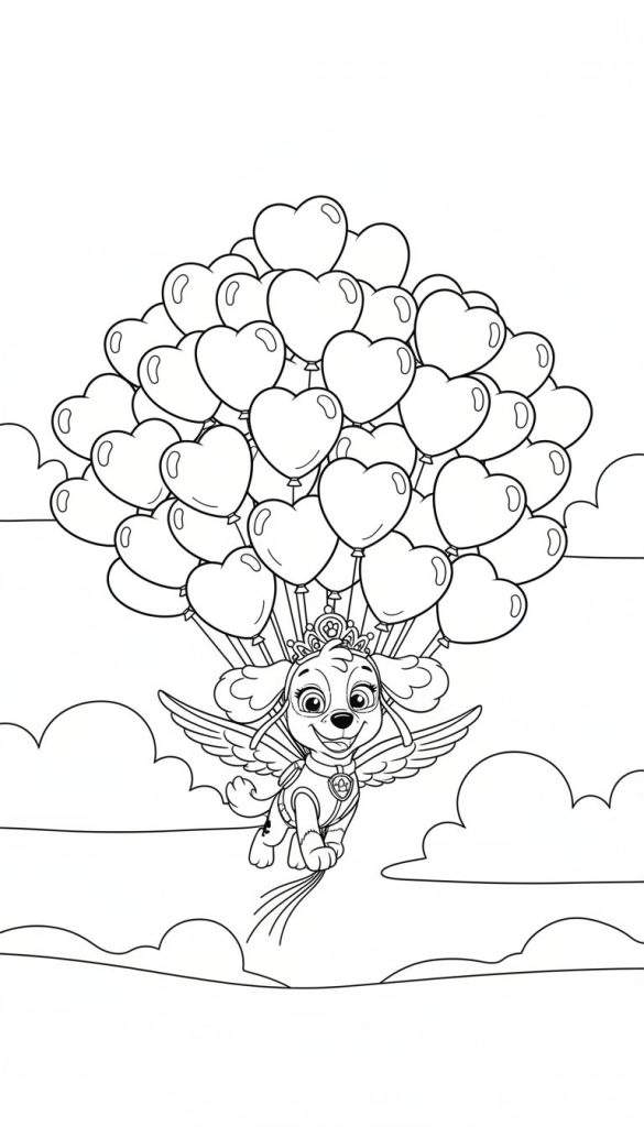 Kleurplaat van Skye van Paw Patrol als prinses met vleugels, vliegend aan hartvormige ballonnen tussen de wolken.