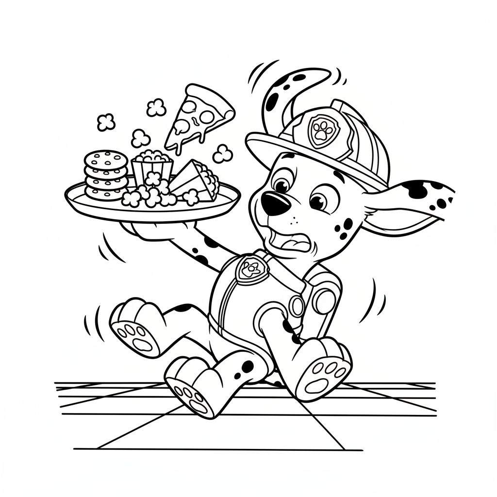 Zwart-wit kleurplaat van Marshall uit Paw Patrol die paniekerig rent met een dienblad vol koekjes, pizza, popcorn en taart, met bewegingslijnen die snelheid suggereren.