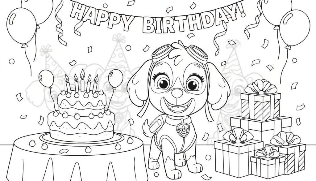 Zwart-wit kleurplaat van een lachende pup (Skye-achtig) op een vrolijk verjaardagsfeest met een tweelaagse taart, brandende kaarsjes, stapels cadeaus en een 'HAPPY BIRTHDAY' slinger.