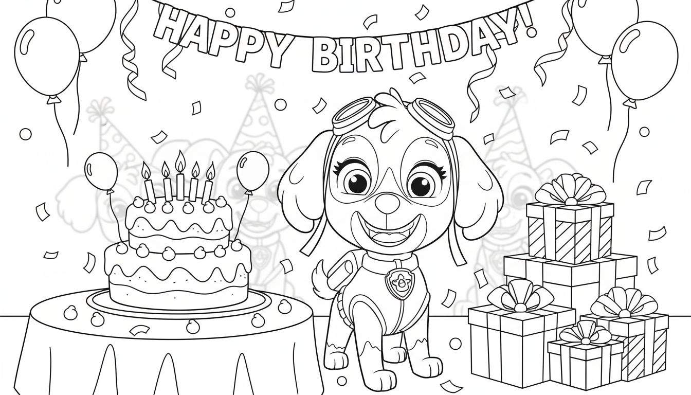 Zwart-wit kleurplaat van een lachende pup (Skye-achtig) op een vrolijk verjaardagsfeest met een tweelaagse taart, brandende kaarsjes, stapels cadeaus en een 'HAPPY BIRTHDAY' slinger.