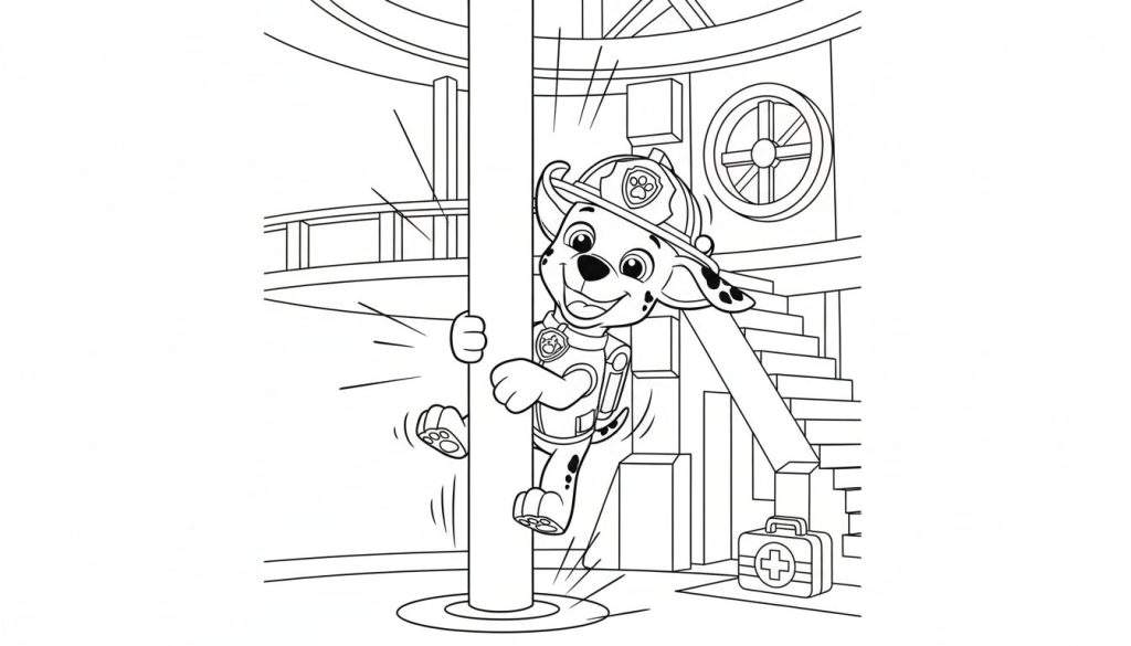 Kleurplaat van Marshall van Paw Patrol als vrolijke brandweerman die langs een glijpaal naar beneden glijdt, omringd door bewegingsstreepjes. Op de achtergrond zijn een trap, een EHBO-koffer en een balustrade te zien in een brandweerkazerne-achtige setting.