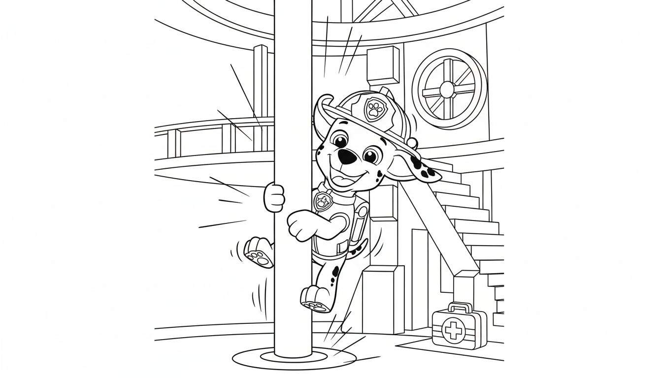 Kleurplaat van Marshall van Paw Patrol als vrolijke brandweerman die langs een glijpaal naar beneden glijdt, omringd door bewegingsstreepjes. Op de achtergrond zijn een trap, een EHBO-koffer en een balustrade te zien in een brandweerkazerne-achtige setting.