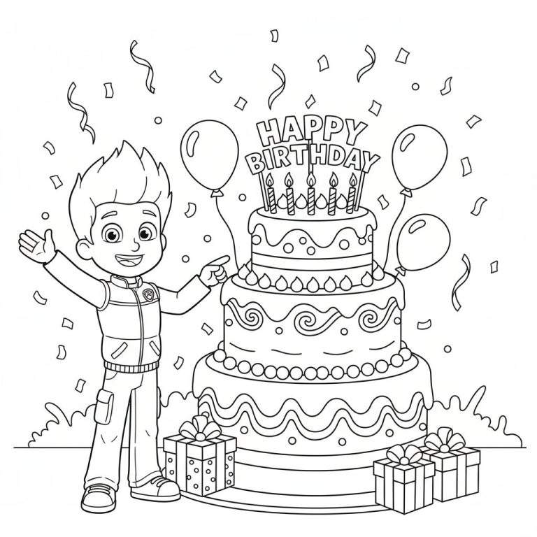 Zwart-wit kleurplaat van Ryder van Paw Patrol. Ryder staat links, lachend en wijzend naar een grote vierlaagse verjaardagstaart met zes brandende kaarsjes en 'HAPPY BIRTHDAY' tekst. Rondom de taart liggen cadeautjes en zweven ballonnen en confetti.