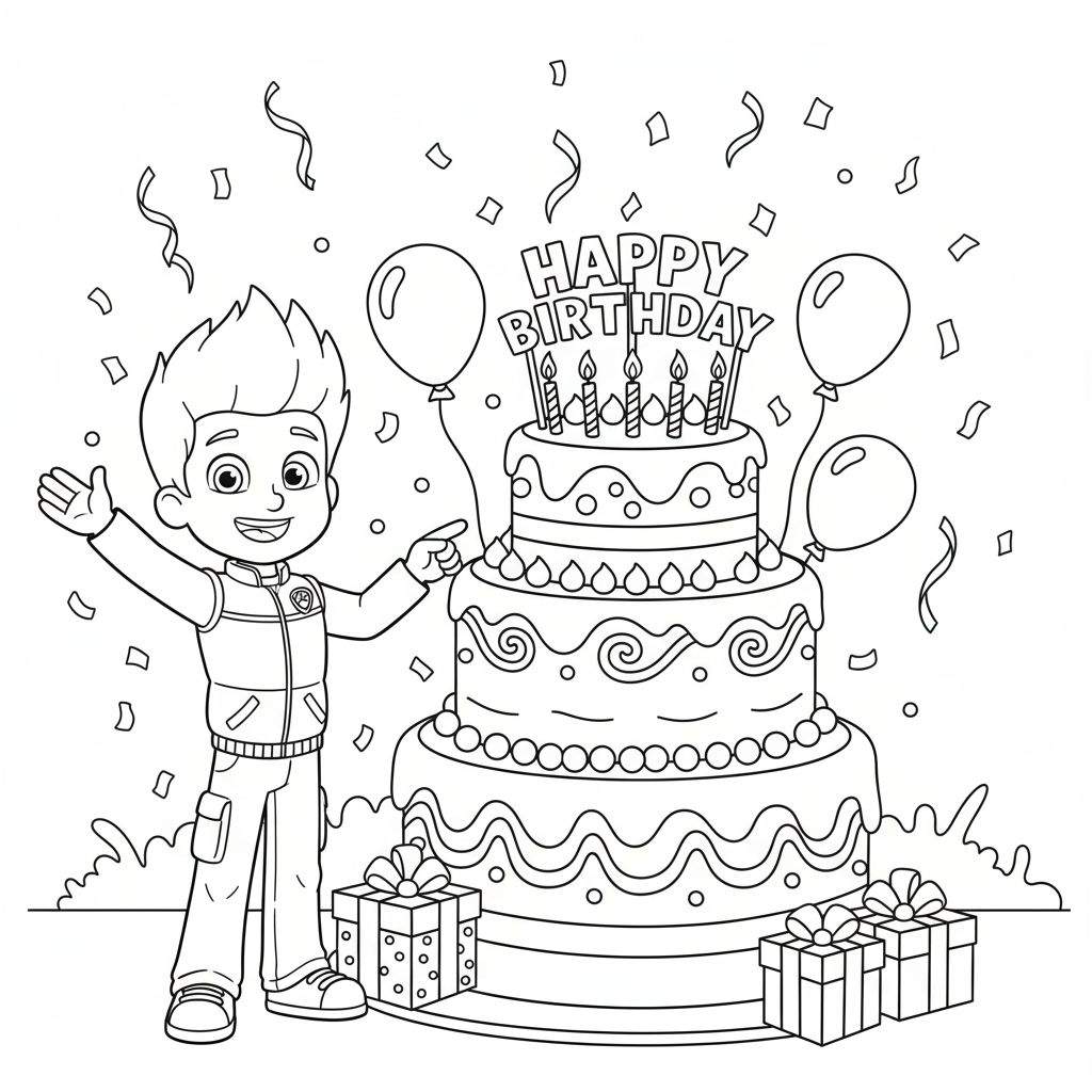Zwart-wit kleurplaat van Ryder van Paw Patrol. Ryder staat links, lachend en wijzend naar een grote vierlaagse verjaardagstaart met zes brandende kaarsjes en 'HAPPY BIRTHDAY' tekst. Rondom de taart liggen cadeautjes en zweven ballonnen en confetti.