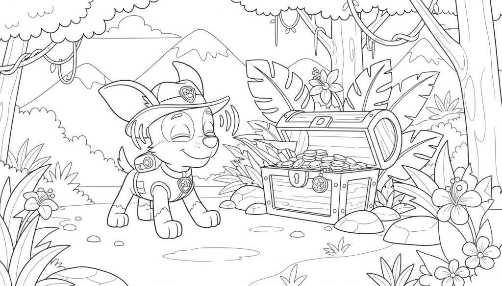 Tracker van Paw Patrol bij een open schatkist in een weelderige jungle vol tropische bladeren en lianen. Hij draagt een safarihoed, glimlacht met gesloten ogen en heeft geluidsgolven bij zijn oor die zijn scherpe gehoor aanduiden.