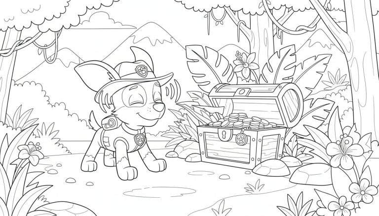 Tracker van Paw Patrol bij een open schatkist in een weelderige jungle vol tropische bladeren en lianen. Hij draagt een safarihoed, glimlacht met gesloten ogen en heeft geluidsgolven bij zijn oor die zijn scherpe gehoor aanduiden.