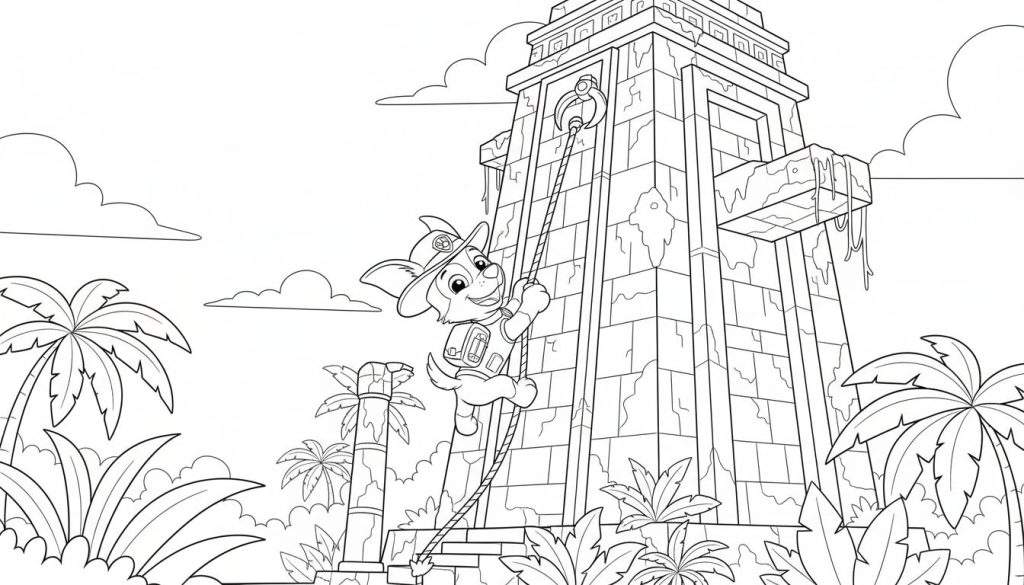 Zwart-wit kleurplaat van vrolijk cartoonhondje Tracker met hoed en rugzak dat een oude jungle tempel beklimt met een touw, omringd door tropische vegetatie.