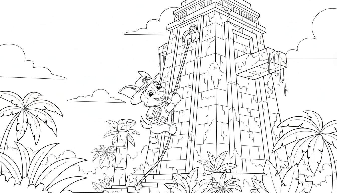 Zwart-wit kleurplaat van vrolijk cartoonhondje Tracker met hoed en rugzak dat een oude jungle tempel beklimt met een touw, omringd door tropische vegetatie.