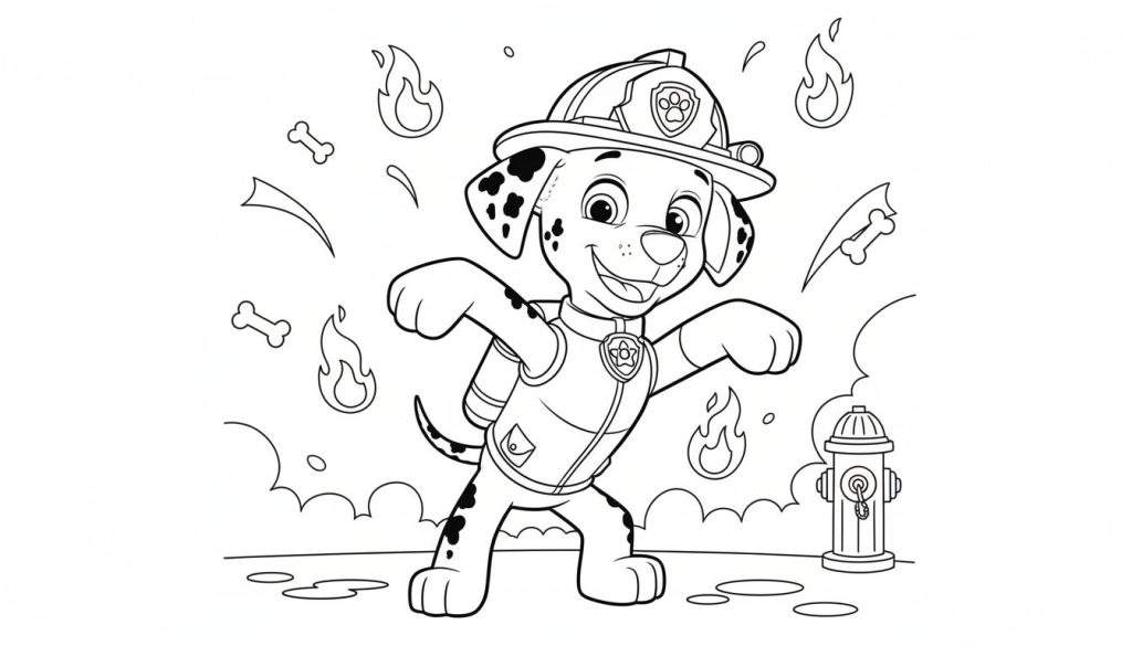 Zwart-wit kleurplaat van Marshall van Paw Patrol als brandweerhond, rennend en lachend, omringd door vlammen, botten en een brandkraan.