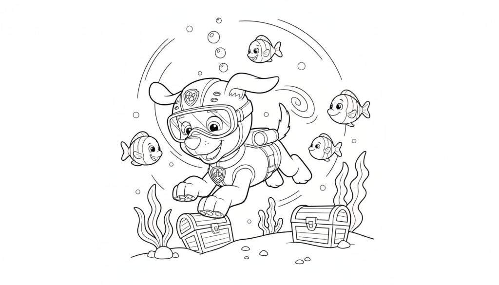 Zwart-wit kleurplaat van Zuma, de lachende hond met duikbril en zuurstoftank onder water, omringd door blije visjes, luchtbellen, twee schatkisten en zeewier op de zeebodem.
