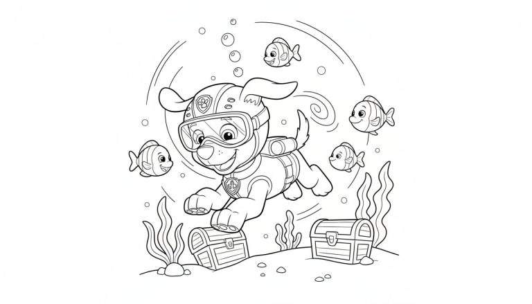 Zwart-wit kleurplaat van Zuma, de lachende hond met duikbril en zuurstoftank onder water, omringd door blije visjes, luchtbellen, twee schatkisten en zeewier op de zeebodem.