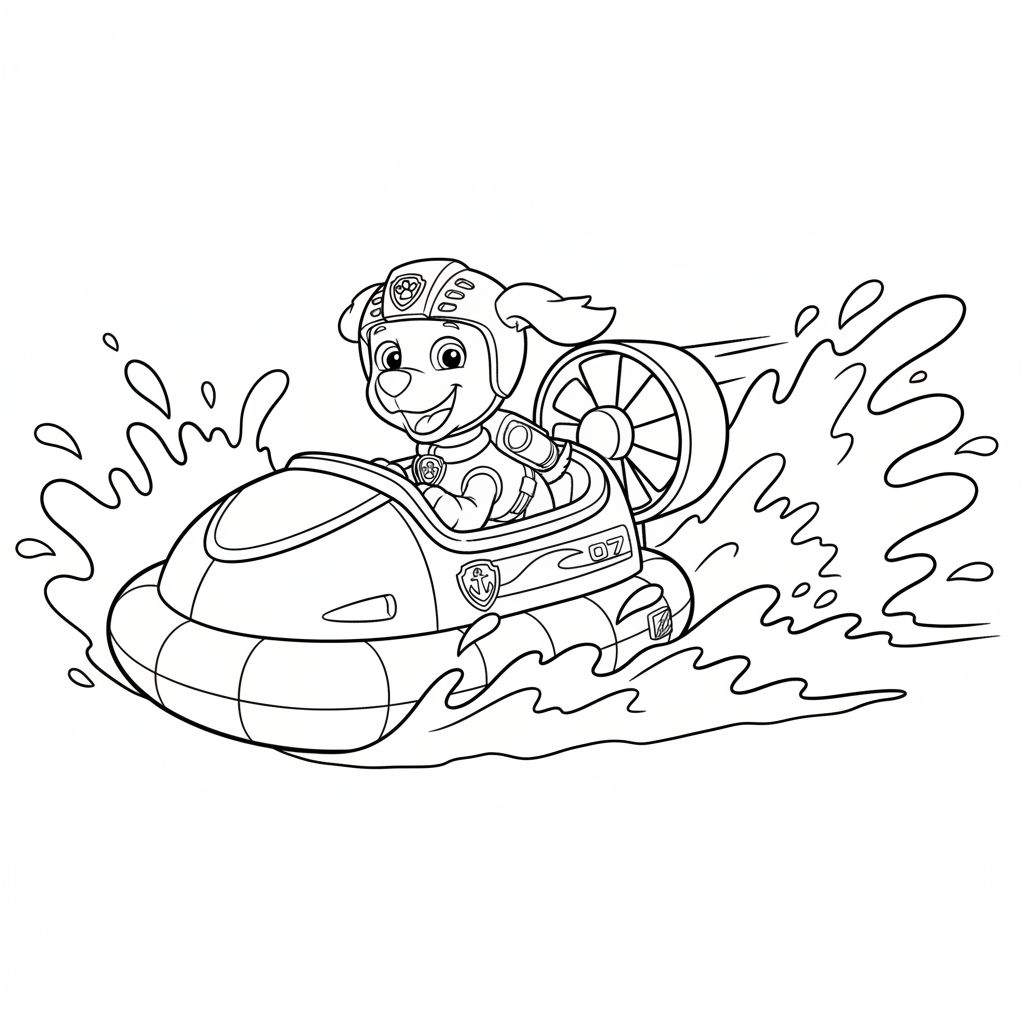Kleurplaat van Zuma van Paw Patrol in zijn oranje hovercraft met nummer 07, vrolijk lachend, rijdend door water met spetters en golven. De boot heeft een grote propeller en het ankerlogo.