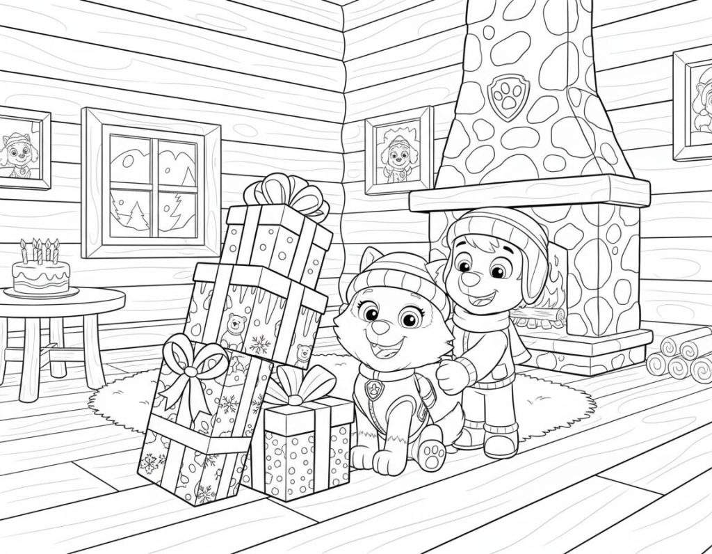 Kleurplaat van Paw Patrol: Everest (kat) en Tracker (hond) vieren een verjaardag in een gezellige houten blokhut met taart, cadeaus en een open haard, omringd door een winters landschap.