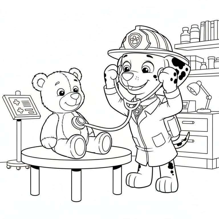 Vrolijke Dalmatiër hond Marshall met brandweerhelm en doktersjas onderzoekt een glimlachende teddybeer met een stethoscoop op een onderzoekstafel in een medische praktijk.