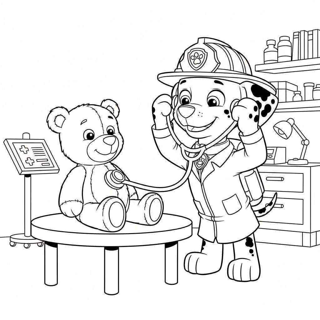 Vrolijke Dalmatiër hond Marshall met brandweerhelm en doktersjas onderzoekt een glimlachende teddybeer met een stethoscoop op een onderzoekstafel in een medische praktijk.