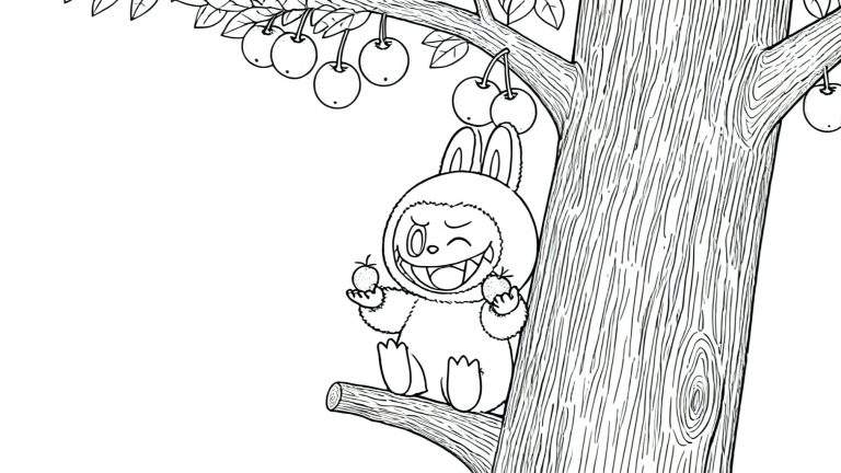 Zwart-wit kleurplaat van Labubu, een pluizig wezentje met konijnenoren, winking en lachend, zittend op een boomtak en twee vruchten vasthoudend. De boom is gedetailleerd met schors en bladeren.