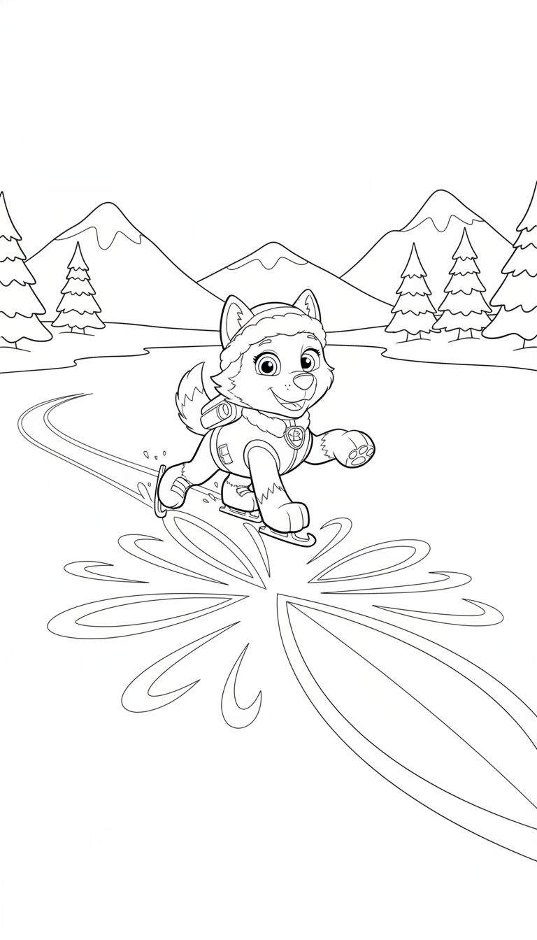 Kleurplaat van Paw Patrol's Everest die vrolijk schaatst op het ijs, met schaatsfiguren, wintermuts, reddersuitrusting, besneeuwde bergen en dennenbomen op de achtergrond.