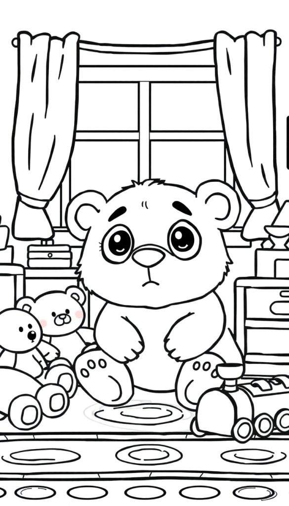 Kleurplaat van een grote, verdrietige bruine beer met grote donkere ogen, zittend op de vloer van een speelkamer. Rondom de beer liggen knuffelberen en een speelgoedtrein. Op de vloer zijn kringen getekend die op waterplassen lijken. Een raam met gordijnen is zichtbaar op de achtergrond.
