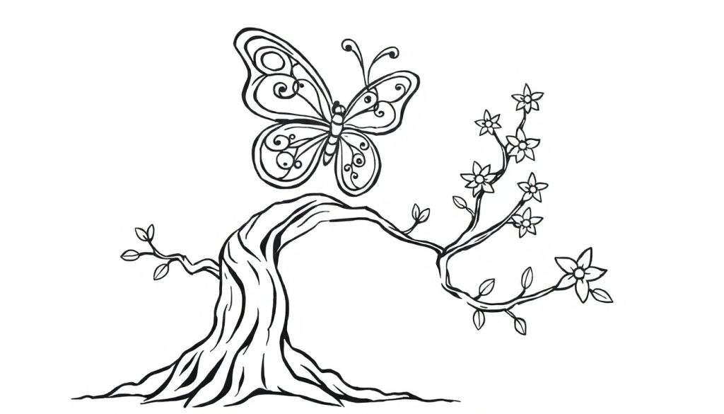 Kleurplaat van een vlinder, boomtak met bloemen en bladeren.