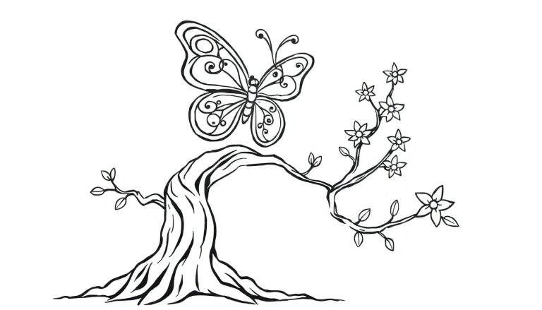 Kleurplaat van een vlinder, boomtak met bloemen en bladeren.