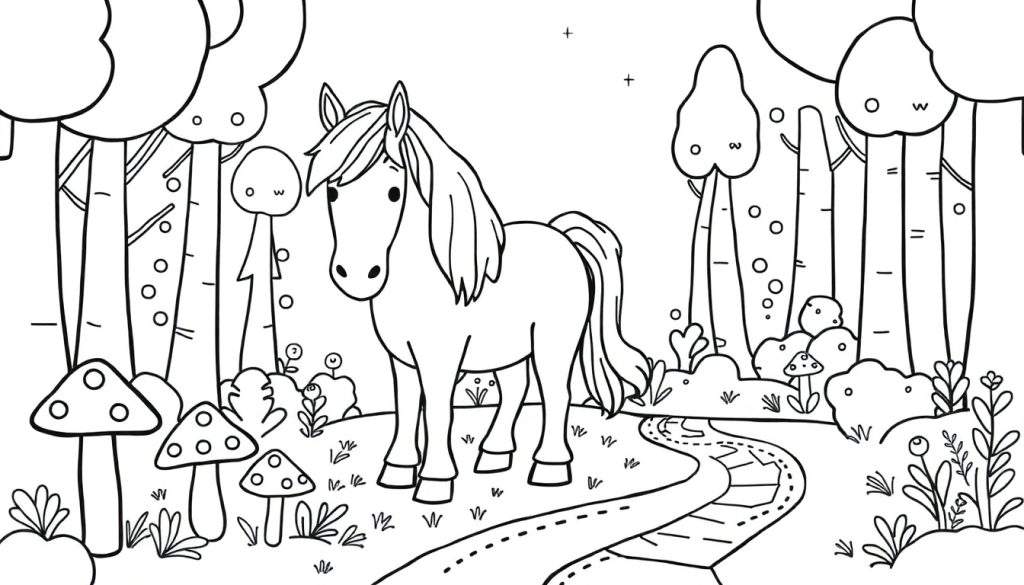Kleurplaat van een schattig paard met volle manen en staart, staand in een bos met hoge bomen, een kronkelend pad, paddenstoelen en kleine plantjes. Kleine plustekens bovenin symboliseren sterren.