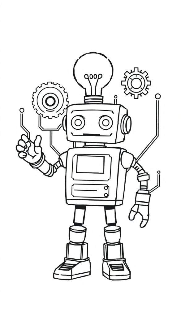 Zwart-wit kleurplaat van een cartoon robot met een gloeilamp boven zijn hoofd, tandwielen, een scherm en twee knoppen.