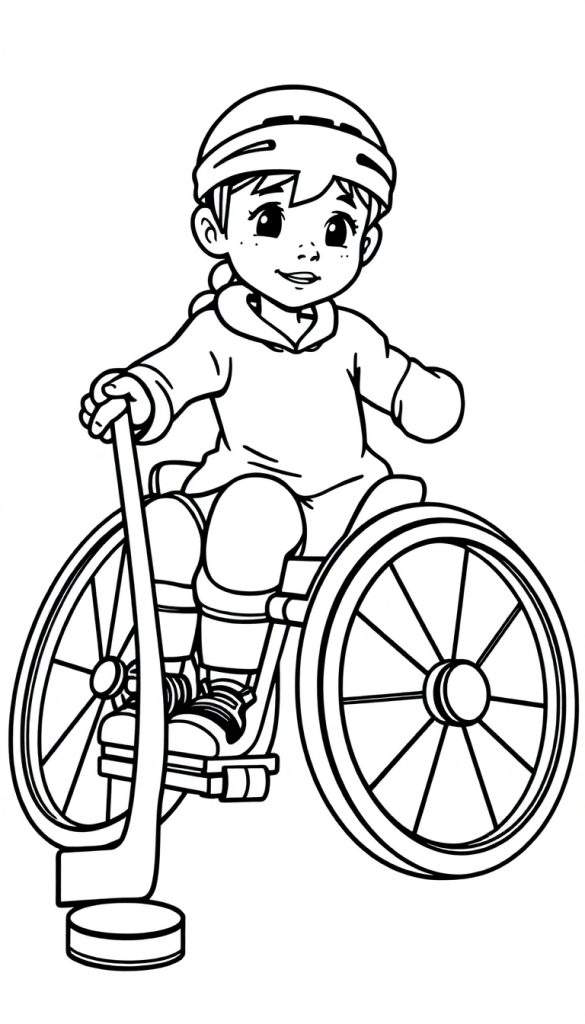 Zwart-wit kleurplaat van een lachend kind met helm, sproetjes en sportkleding, zittend in een driewieler-handbike met een hockeystick en ijshockeypuck.