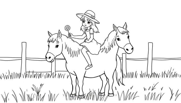 Kleurplaat van een lachend meisje met een strohoed, zittend op een paard, met een bloem in haar hand. Op de achtergrond een houten hek en gras.